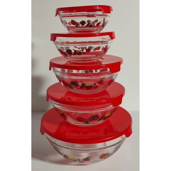 Vintage Fruit Designed Glass Nesting Bouls Apple Grapes Cherries Banana Set Of 5